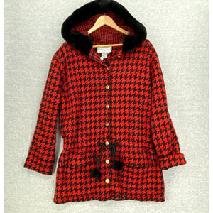 Vintage Adrienne Vittadini Coat Womens Large Red Black Houndstooth Jacket Hooded